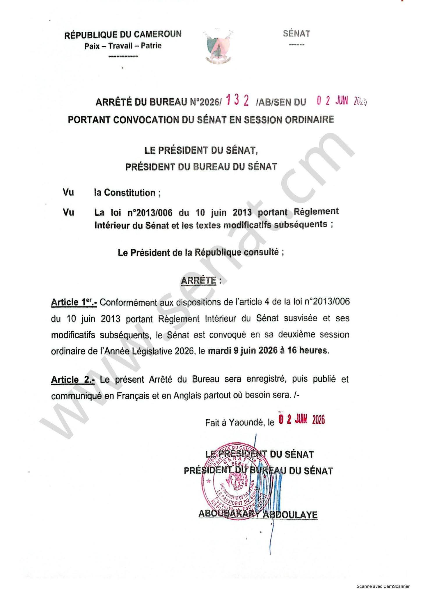 Arrêté du bureau n°2026/132/AB/SEN du 02 juin 2026 portant convocation du Sénat en session ordinaire